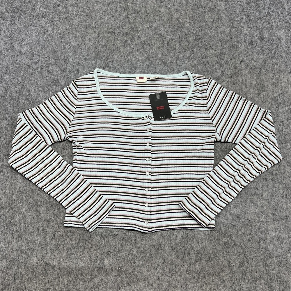 Levis Shirt Womens M Blue Striped Slim Fit Cropped‎ Snap Button Front Top Knit